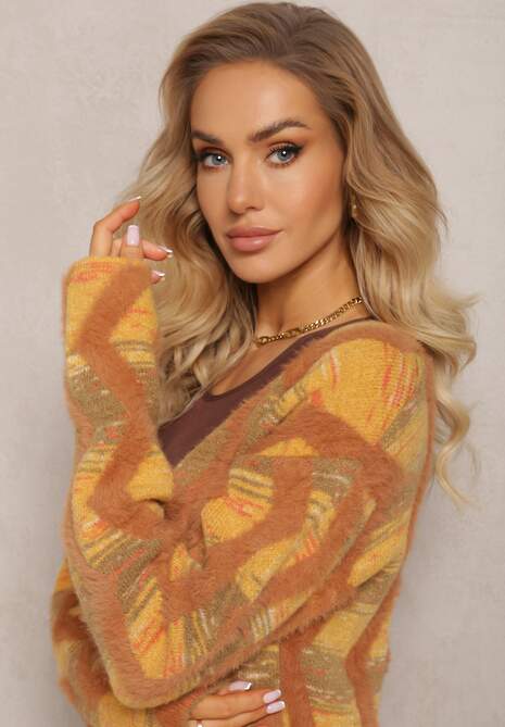 Brązowy Luźny Kardigan Niezapinany w Geometryczny Print Sheshy