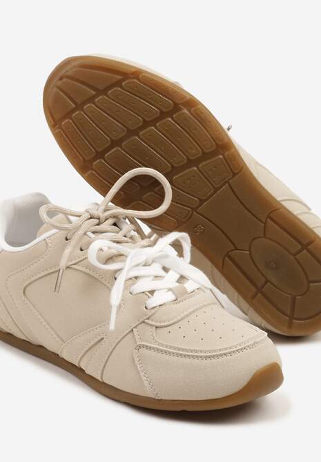 Beżowe Sneakersy Ozdobione Przeszyciami i Podwójnym Sznurowaniem Telisaria