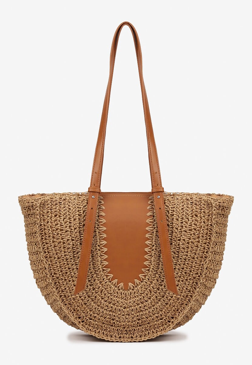 Ciemnobeżowa Jednokomorowa Torebka z Plecionej Rafii w Stylu Boho Idarkia