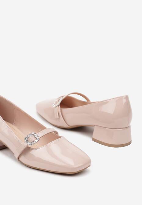 Beżowe Lakierowane Czółenka z Paseczkiem i Klamerką z Cyrkoniami Ettavella