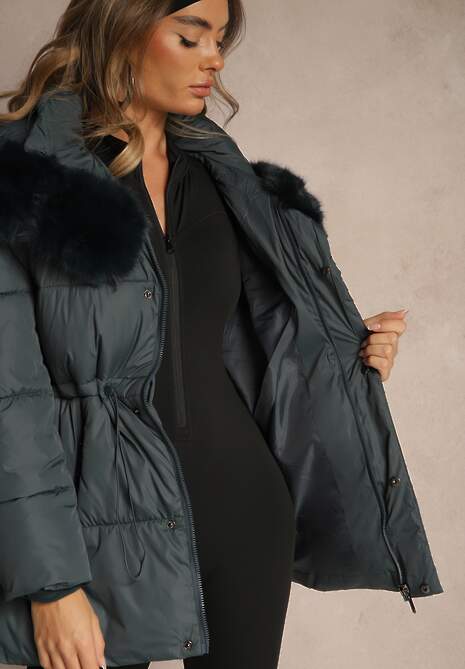 Ciemnozielona Pikowana Kurtka z Szerokim Kapturem z Futrem Galiessa