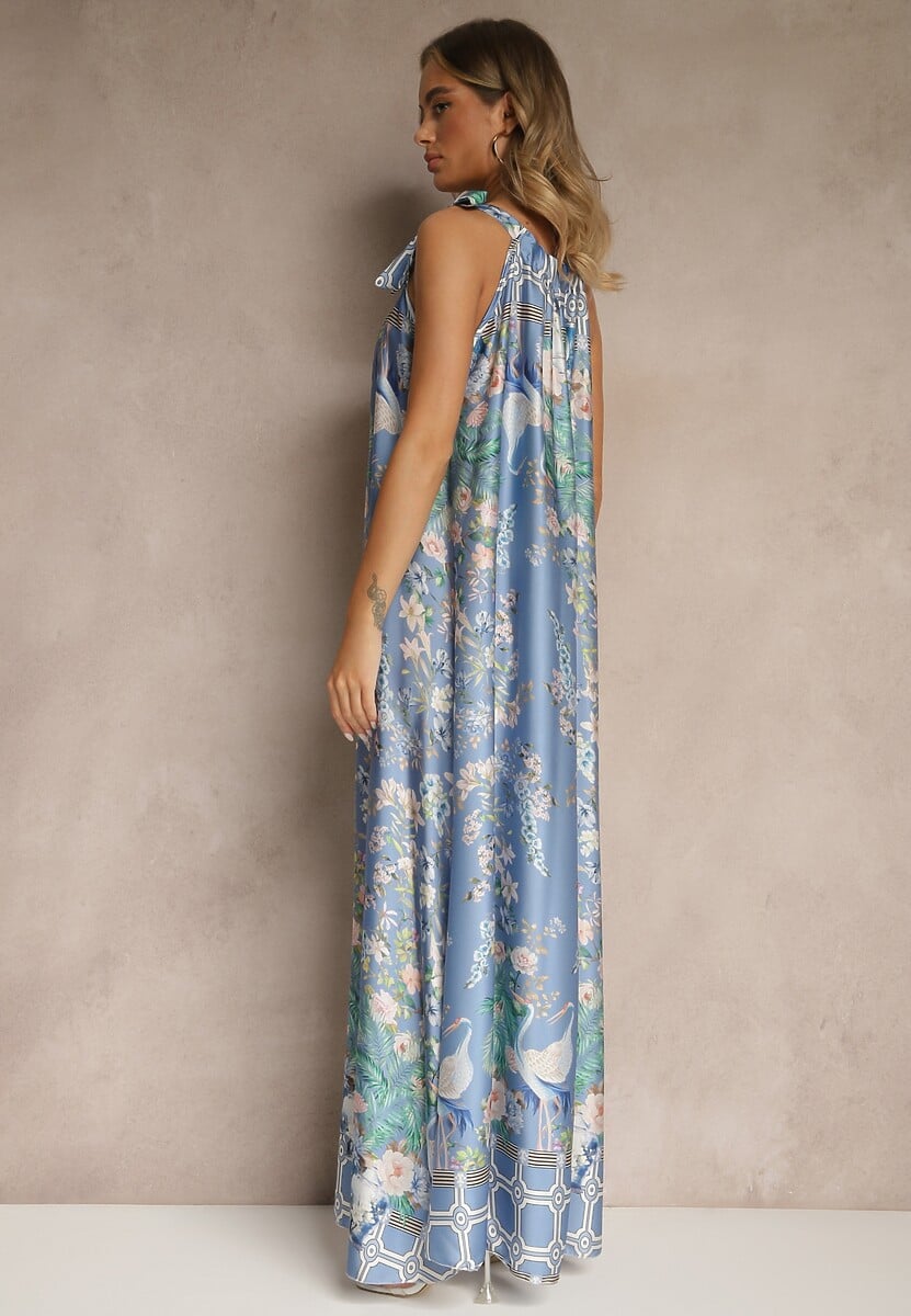 Granatowa Sukienka z Satyny Zdobiona Kwiatowym Wzorem i Wiązaniem Fenalesa