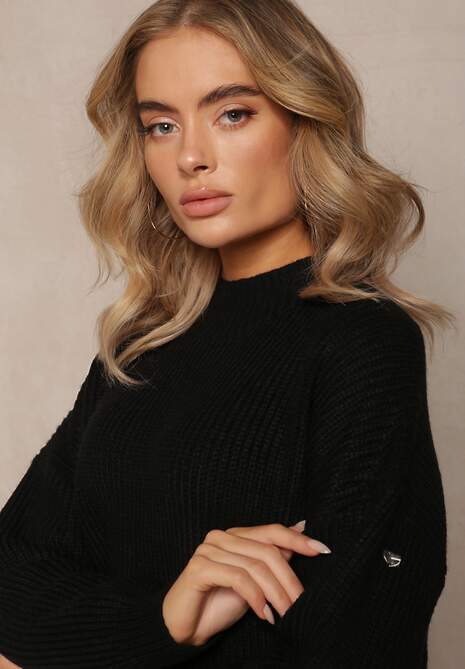 Czarny Sweter Golf z Prążkowanej Dzianiny Ervanna