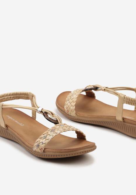 Złote Sandały na Wsuwanie z Drewnianą Okrągłą Wstawką Valmira