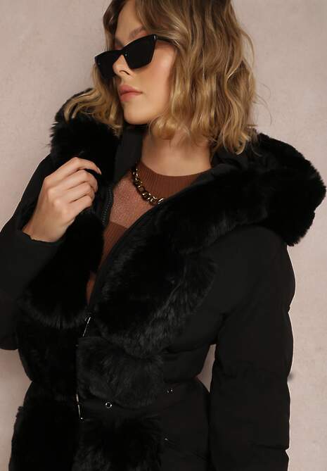 Czarna Kurtka Pikowana z Futerkiem Kove