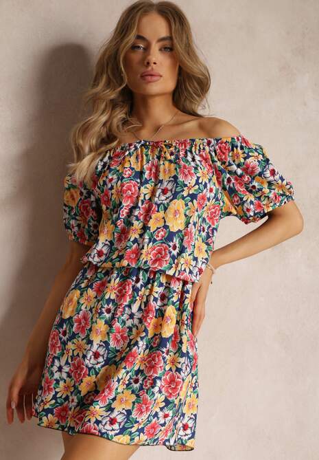 Granatowo-Żółta Sukienka Hiszpanka z Wiskozy i Gumką w Talii Pellin