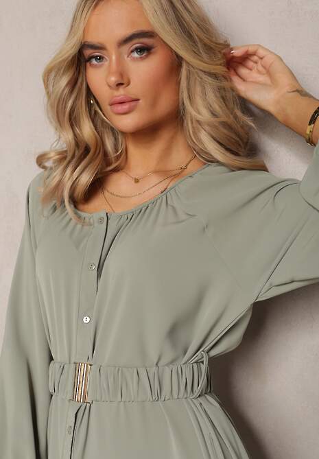 Ciemnozielona Sukienka Maxi o Swobodnym Kroju z Guzikami i Paskiem z Metaliczną Klamrą Ferian