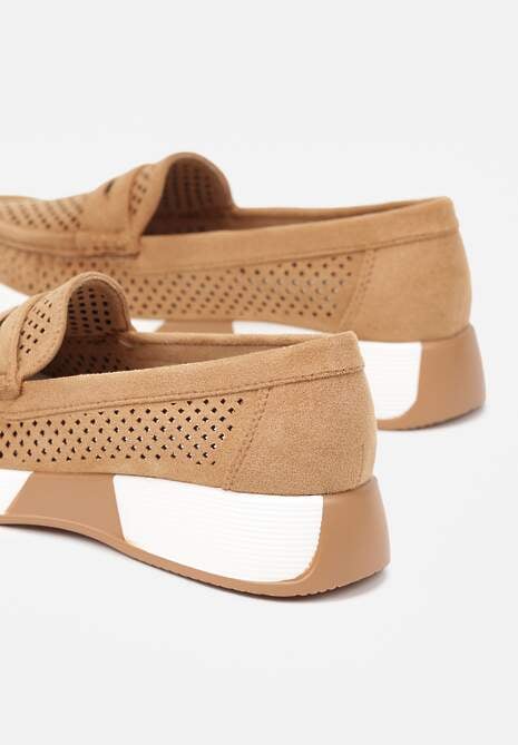 Brązowe Metaliczne Mokasyny z Wkładką ze Skóry Naturalnej i Ażurową Cholewką Lunenia