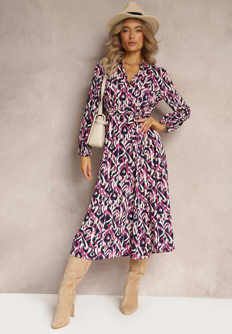 Fuksjowa Sukienka Koszulowa w Geometryczny Wzór Gena