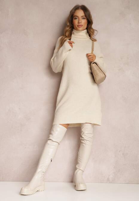 Beżowa Sukienka Wełniana Oversize z Golfem Revite