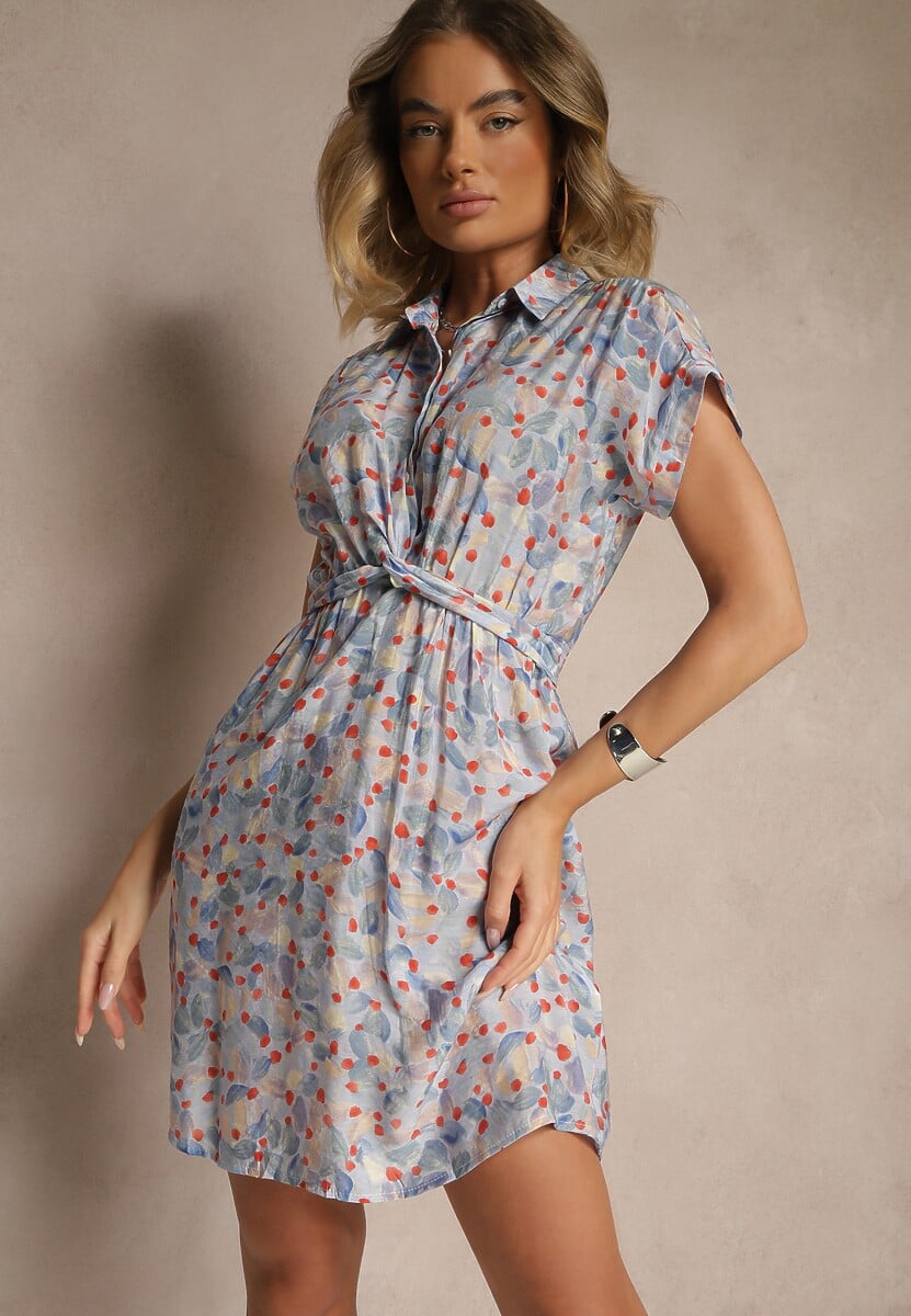 Niebieska Sukienka Taliowana z Wiskozą i Ozdobnym Paskiem Delyase