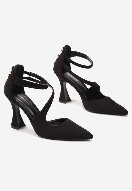 Czarne Czółenka na Obcasie Typu Klepsydra ze Skośnymi Paskami Enollia