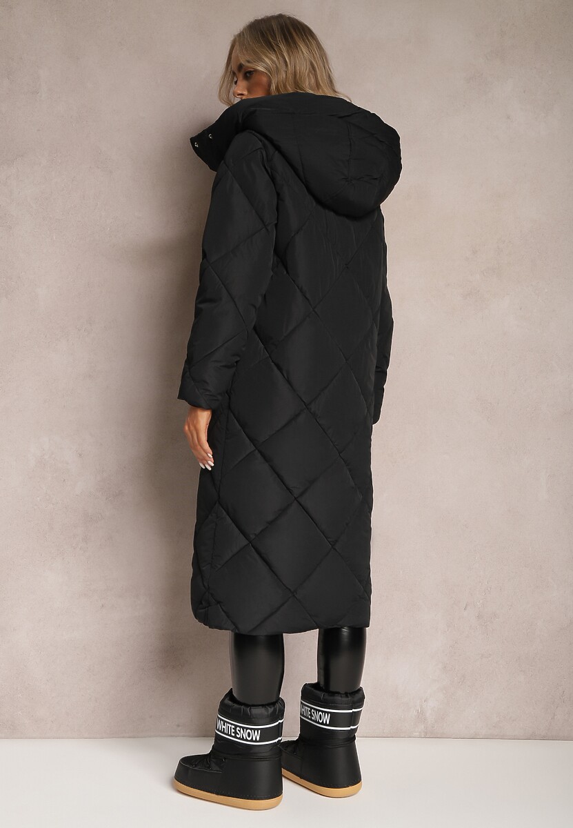 Czarna Pikowana Kurtka Płaszcz za Kolano z Kapturem Kinassan