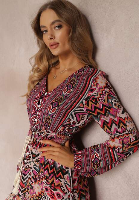 Fuksjowa Sukienka z Gumką w Talii w Etno Wzór Kapha