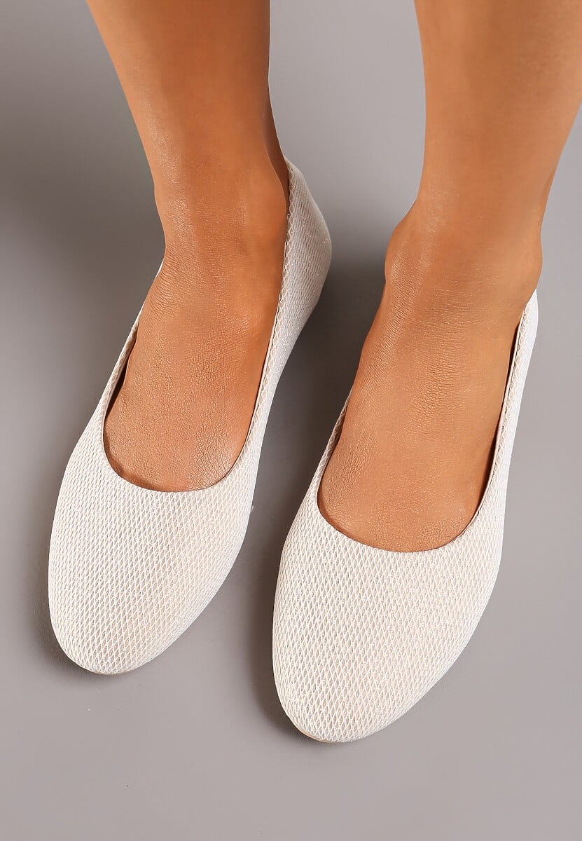 Beżowo-Złote Klasyczne Balerinki Materiałowe z Okrągłym Noskiem Sililena
