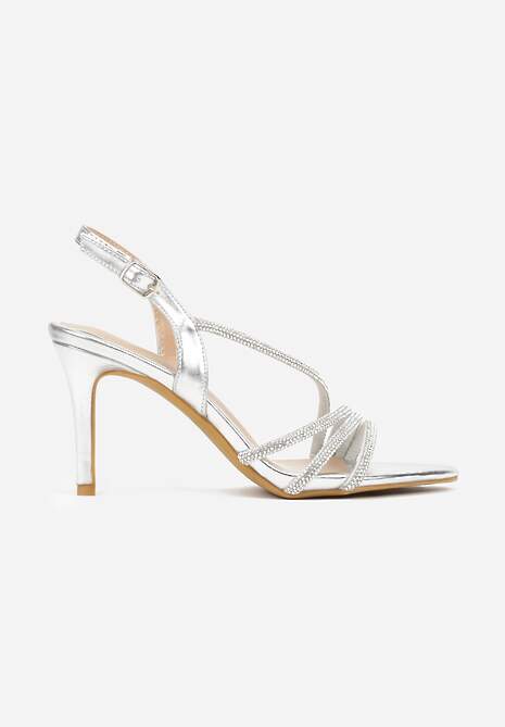 Srebrne Cyrkoniowe Sandały na Obcasie Typu Szpilka Kalefera