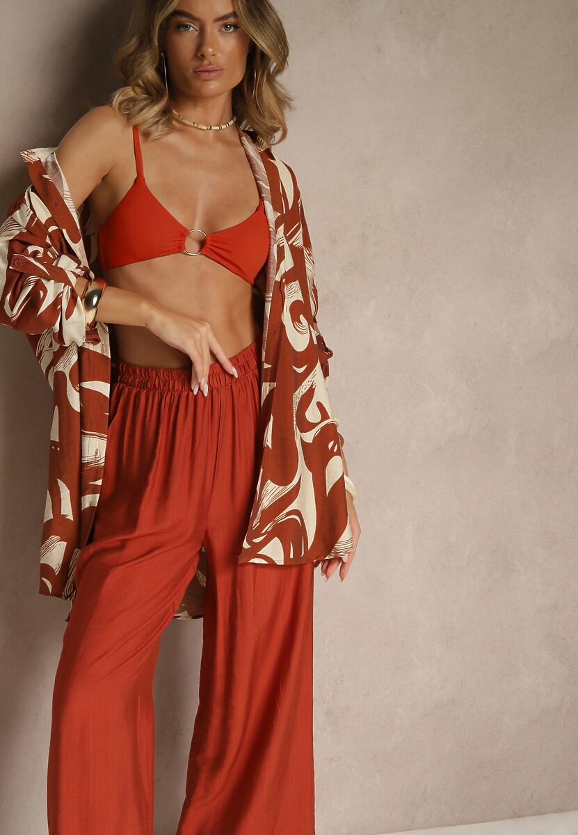 Pomarańczowy Komplet z Wiskozą Spodnie i Koszula z Geometrycznym Wzorem Lirare