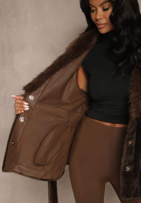 Brązowa Kurtka Futerko z Wiązanym Paskiem i Szerokim Kołnierzem Coverra