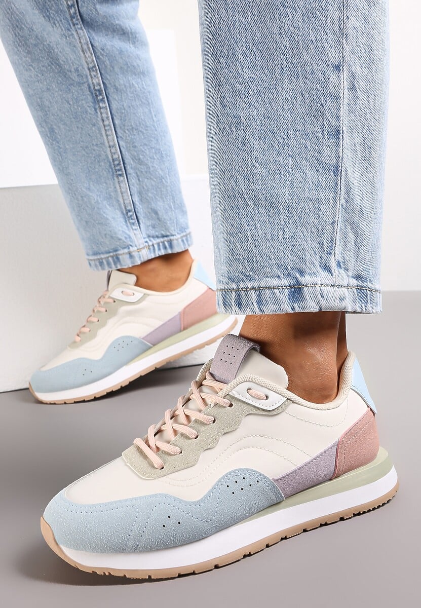 Biało-Niebieskie Sneakersy Zdobione Wstawkami z Imitacji Skóry Fayela