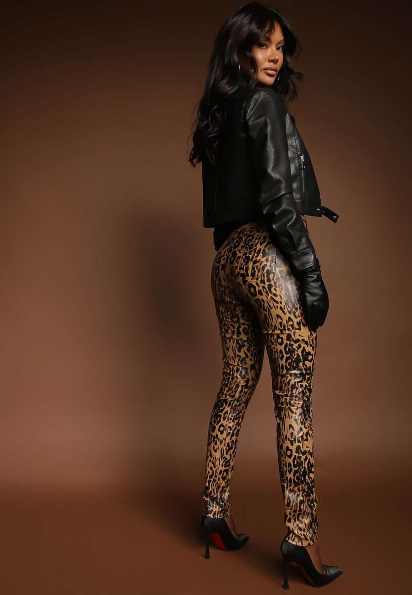 Brązowe Spodnie w Panterkę High Waist z Ekoskóry z Ozdobnym Suwakiem i Ociepleniem Ilanilith