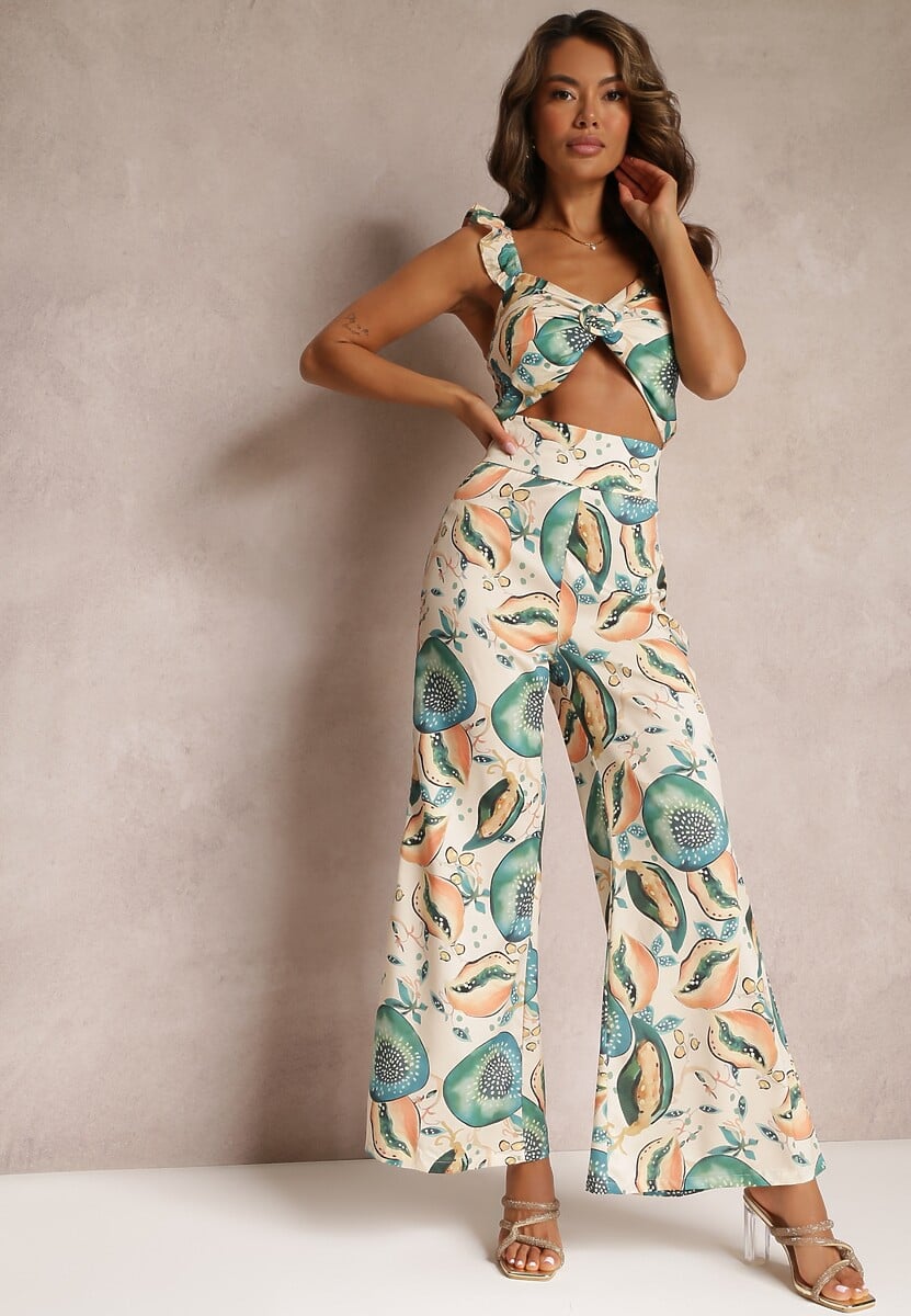 Beżowy Kwiecisty Komplet 2-częściowy z Topem i Szerokimi Spodniami Assomi