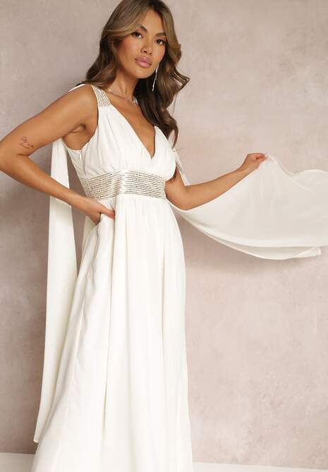 Beżowa Maxi Sukienka o Rozkloszowanym Fasonie Ozdobiona Cekinami na Szerokich Ramiączkach Nedilva