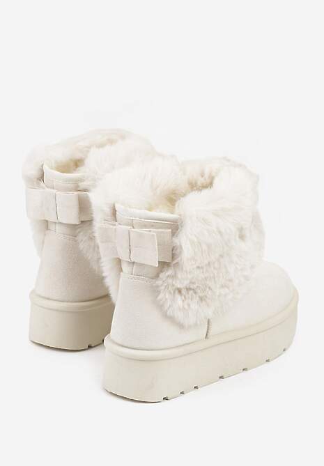 Beżowe Śniegowce z Cholewką za Kostkę Ocieplane z Futerkiem i Małą Kokardą Reinedia