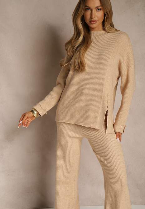 Beżowy Komplet z Wełną i Bawełną Sweter z Guzikami i Szerokie Spodnie Reinelia
