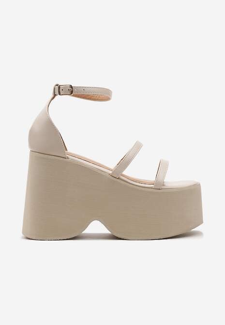 Beżowe Wysokie Sandały na Masywnej Platformie i Koturnie z Cienkimi Paseczkami  Taunna