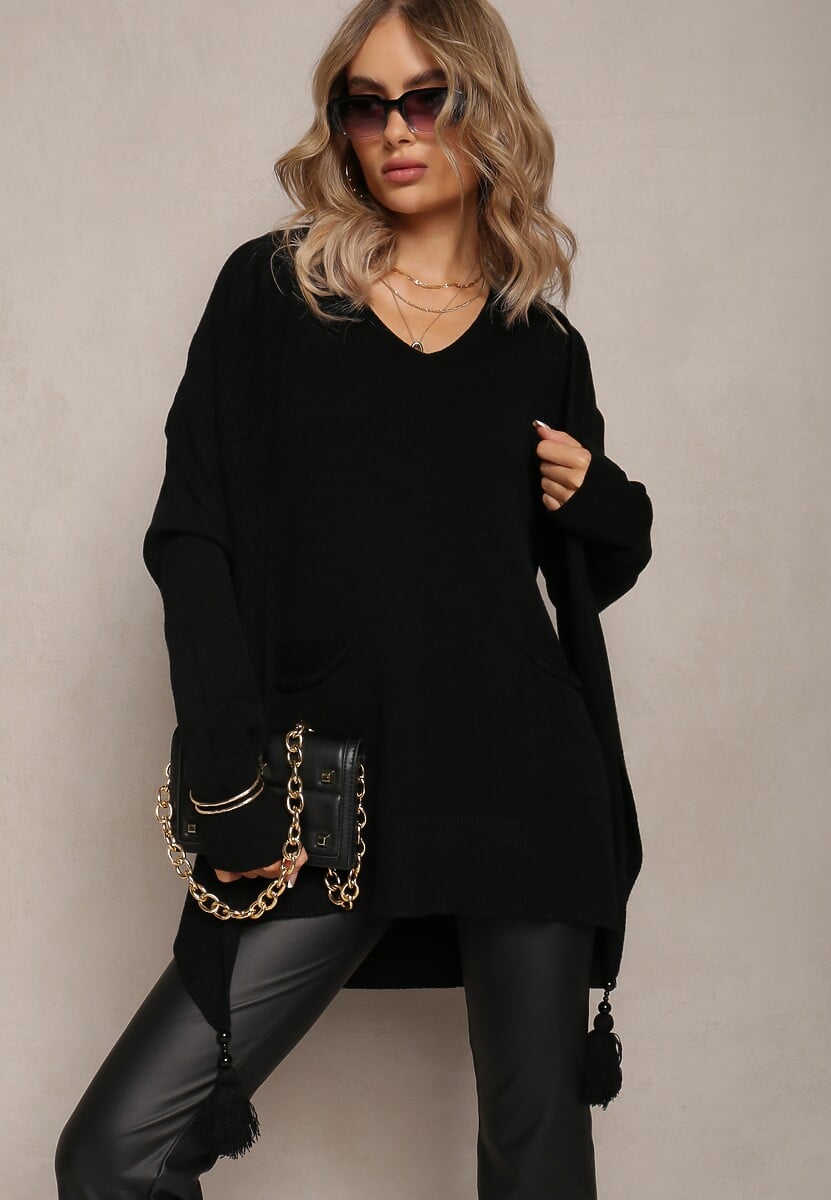 Czarny Sweter z Szalikiem z Chwostami w Komplecie Rumabena