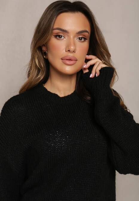 Czarny Sweter o Klasycznym Fasonie z Wełną i Ściągaczami Tuzza
