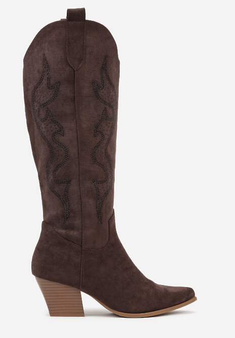 Brązowe Kozaki Kowbojki na Stożkowym Obcasie Zdobione Cyrkoniami Nalasania