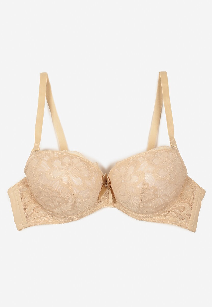 Beżowy Biustonosz Push Up z Koronkowym Zdobieniem Ravgis