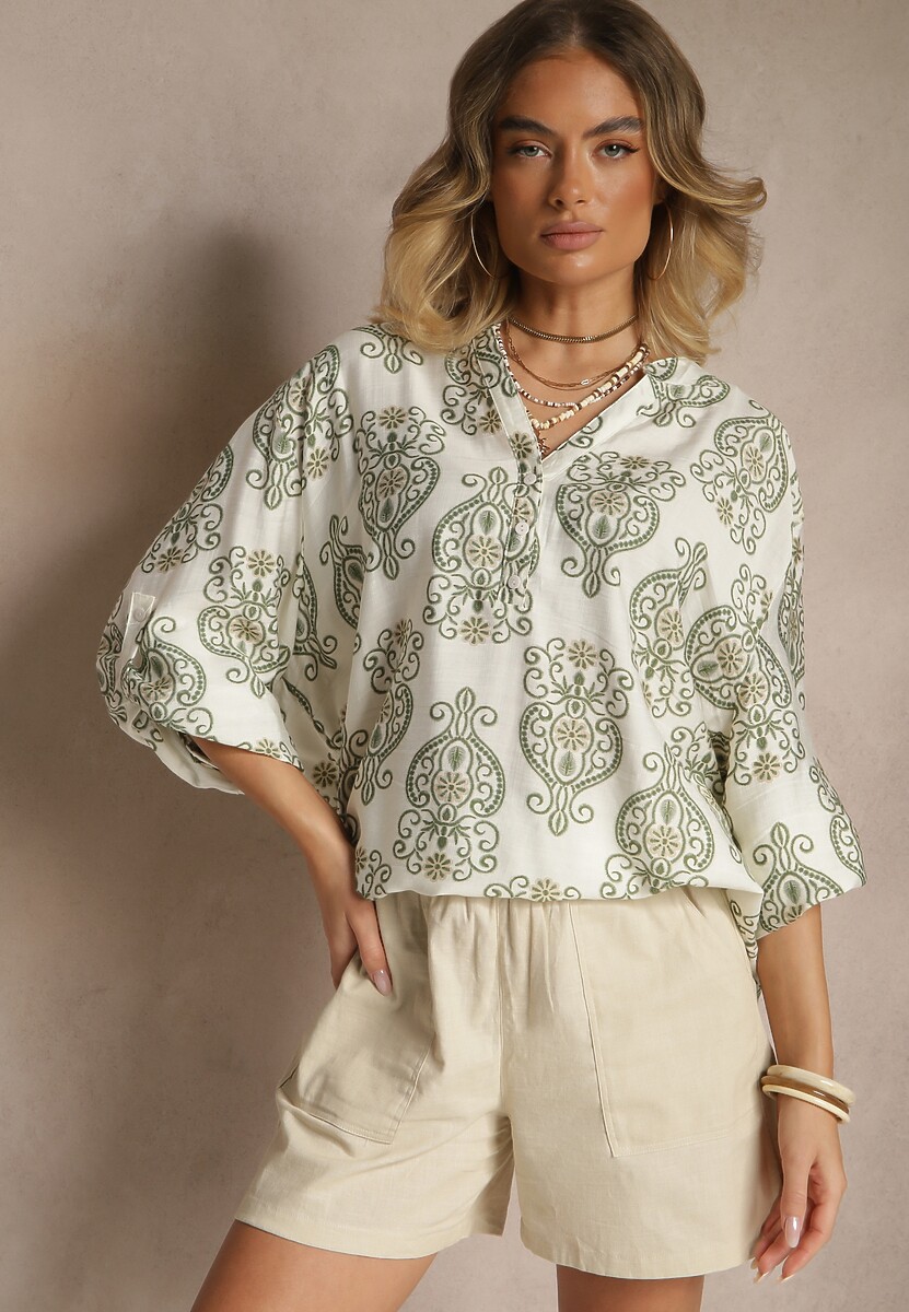 Biało-Zielona Koszula z Wiskozą Ozdobiona Geometrycznym Motywem Tanarola