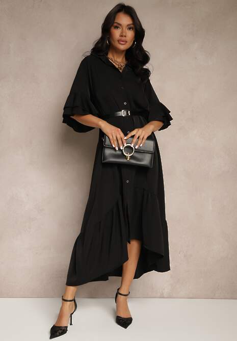 Czarna Koszulowa Sukienka Ozdobiona Falbanką Ransara