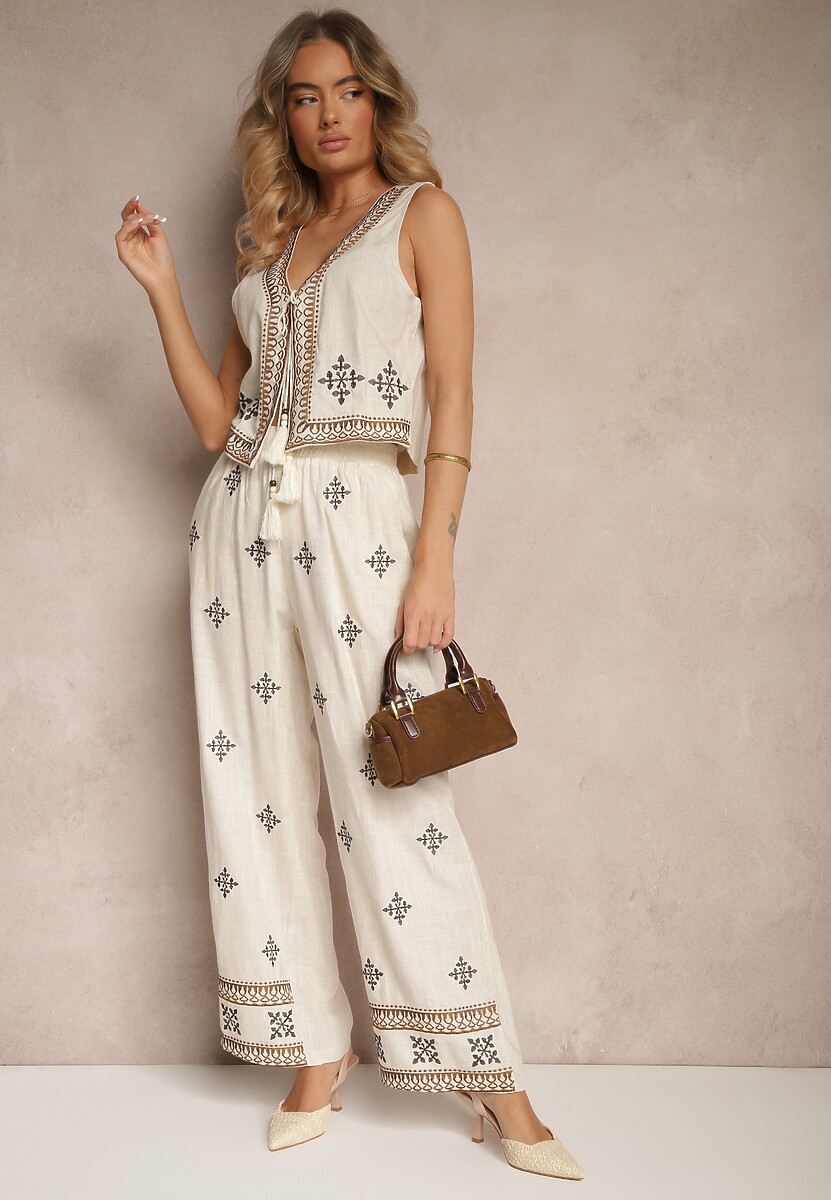 Beżowe Spodnie z Lnem o Szerokim Kroju Zdobione Haftem Derilna