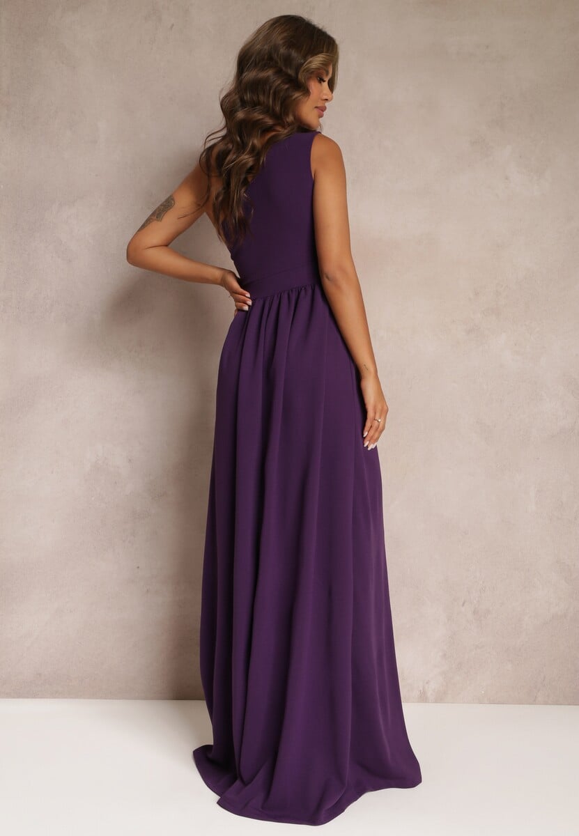 Ciemnofioletowa Asymetryczna Sukienka Na Jedno Ramię z Rozcięciem na Dole Xionia