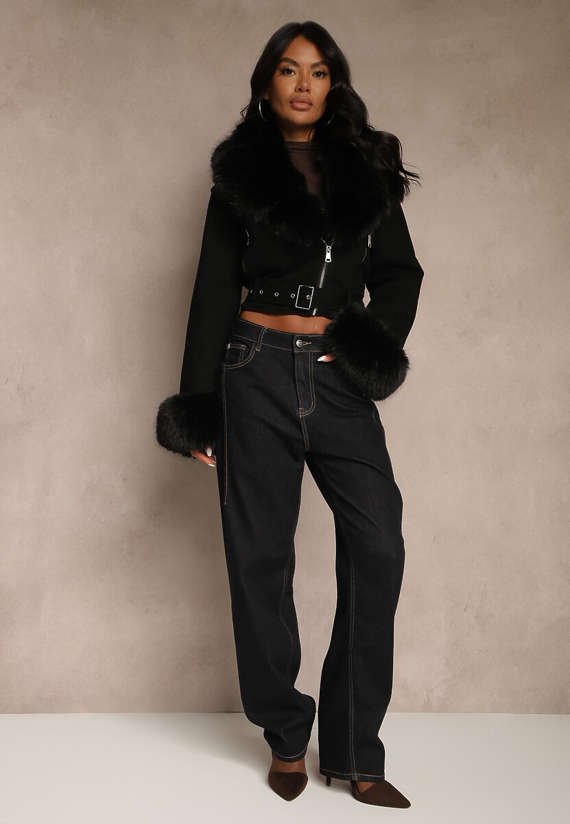 Czarna Kurtka o Kroju Ramoneski z Ociepleniem Zdobiona Futrem Mevindana