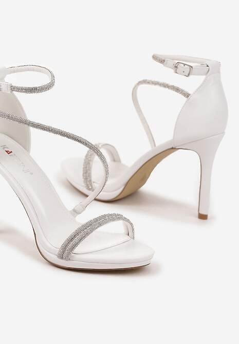 Białe Sandały Szpilki Zdobione Cyrkoniami Zapinane na Sprzączkę Ralisen