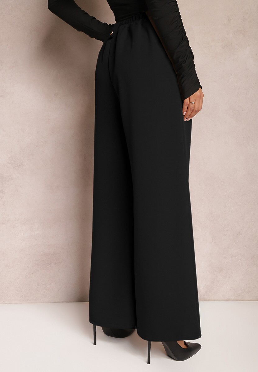 Czarne Eleganckie Spodnie Dzwony z Ozdobnymi Patkami w Pasie Nattas