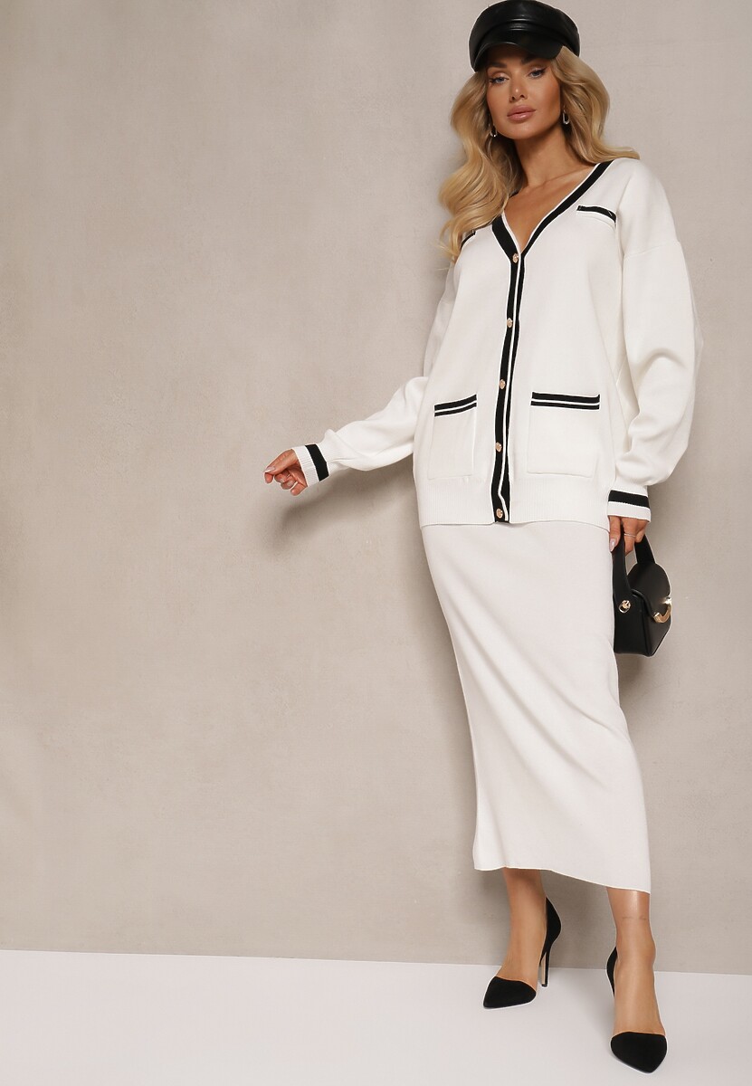 Biały Wiskozowy Komplet Kardigan na Guziki z Lamówką i Dopasowana Spódnica Tamorin