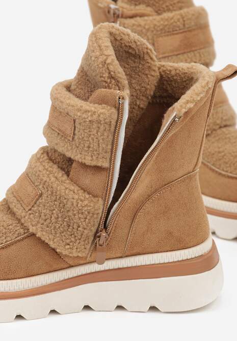 Brązowe Botki Typu Śniegowce na Platformie z Dwoma Ozdobnymi Rzepami Edarlia
