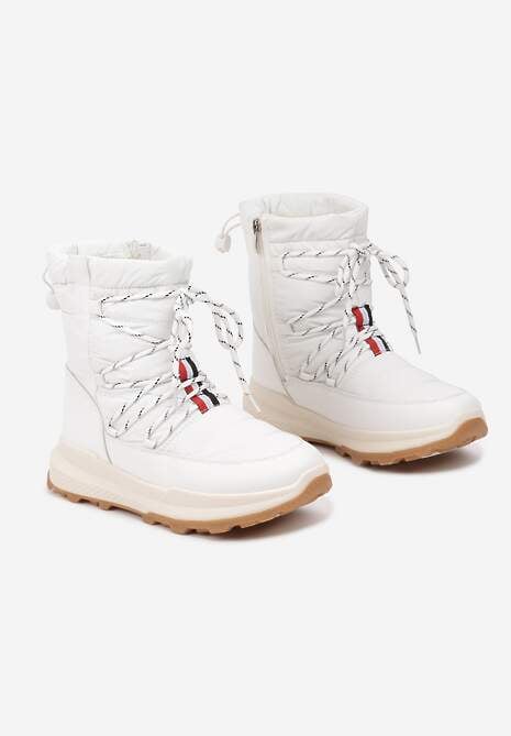 Białe Śniegowce na Niskiej Platformie z Ozdobnie Sznurowaną Cholewką Zinneitha