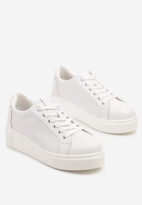 Białe Sneakersy Skórzane na Platformie z Ozdobą i Perforacją Neolivia