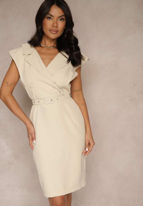 Beżowa Sukienka z Ozdobnymi Guzikami i Paskiem Dellanise