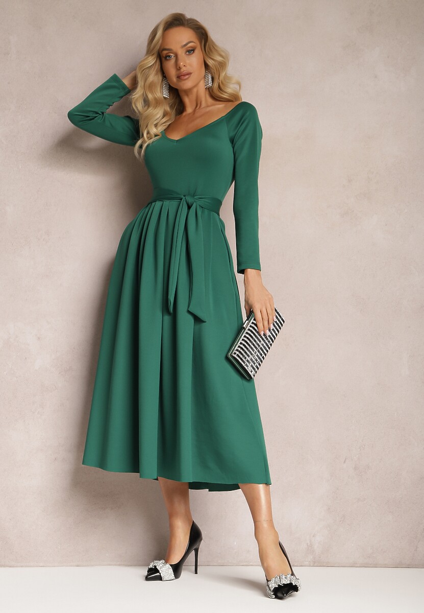 Zielona Sukienka Midi o Rozszerzanym Kroju z Paskiem w Talii i Dekoltem w Serek Vividia