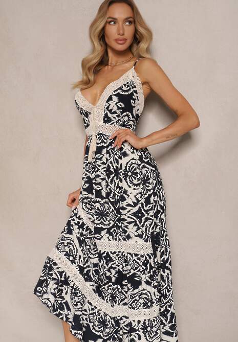 Granatowa Sukienka z Bawełny o Rozkloszowanym Kroju w Etniczny Print Taliraya