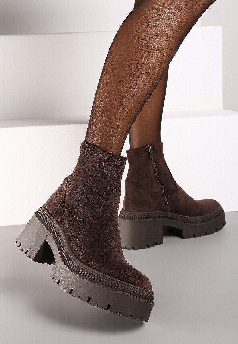 Brązowe Botki Sztyblety na Słupku z Dopasowaną Cholewką Hesliara