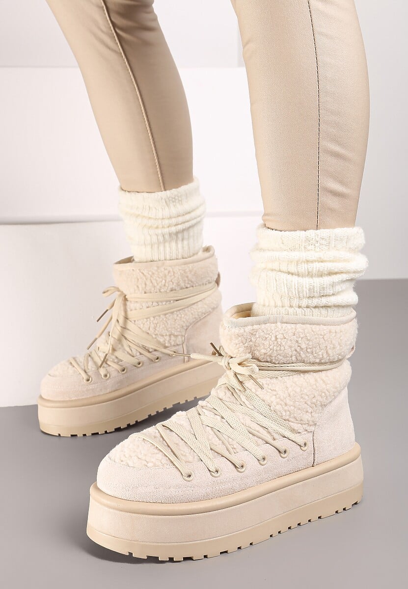 Beżowe Śniegowce na Platformie Wykończone Sztucznym Futerkiem Terilani