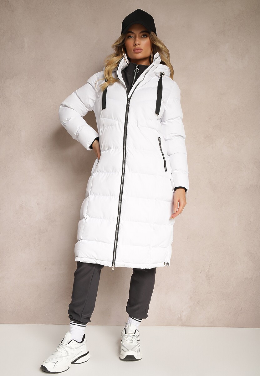 Biała Kurtka z Kapturem i Pikowanymi Przeszyciami Zdobiona Szerokimi Taśmami Etterisa